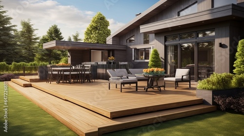 3d  style of luxury house with large wood deck and lawn yard