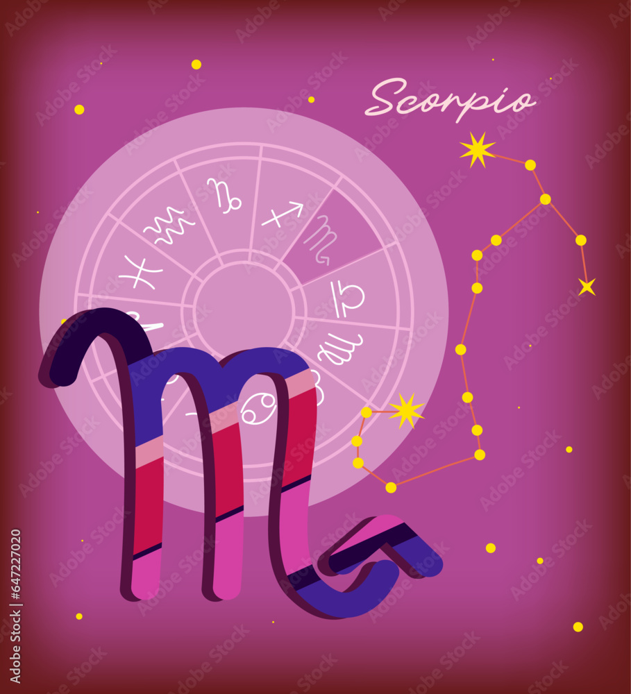 Scorpio sign, zodiac background. Beautiful and simple vector image, starry sky with scorpio zodiac constellation, encapsulated scorpio sign and constellation name. Purple design for calendar. Scorpio sign, zodiac background. Beautiful and simple vector image, starry sky with scorpio zodiac constellation, encapsulated scorpio sign and constellation name. Purple design for calendar.