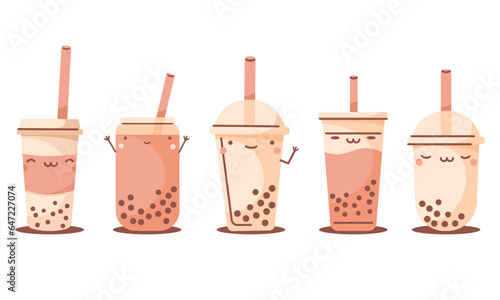 MILK TEA cup cute stickers set isolated beige vector. BUBBLE TEA logo collection. Vector illustration
