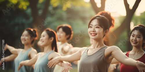 A group of diverse ladies are extending their arms outside. Generative Ai.