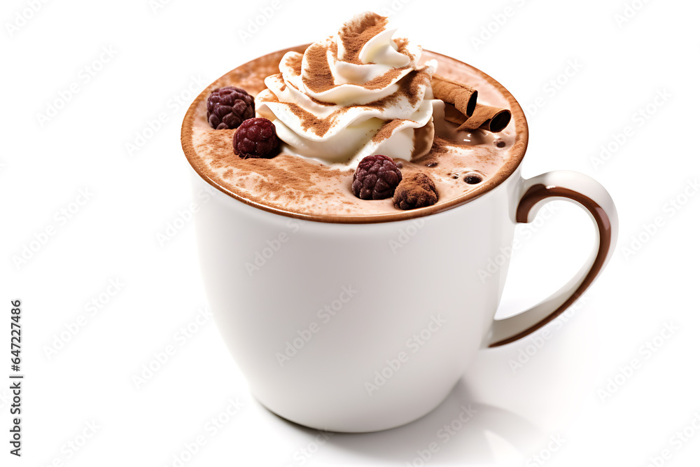 A cup of coffee or hot choclate with milk whip cream and cholcolate powder on the white background. genarative ai A cup of coffee or hot choclate with milk whip cream and cholcolate powder on the white background. genarative ai