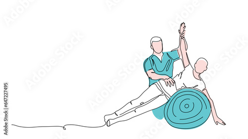 Fitball rehabilitation therapy. Physiotherapy treatment vector illustration. One continuous line art drawing of rehabilitation fitball exercises