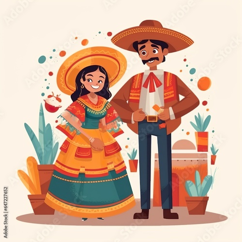 Mexican couple illustration wearing traditional cultural attire 