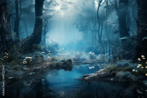 Image of a serene blue forest with an enchanting and isolated aura. Generative AI © Tova