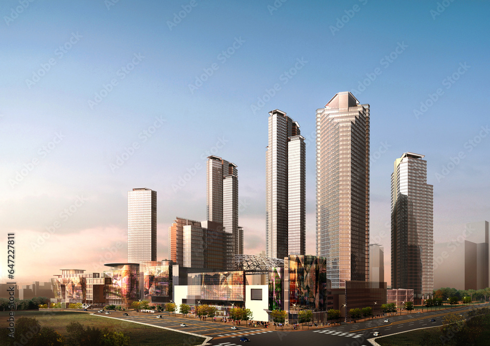 Fototapeta premium skyscrapers in the city, 3d rendering of the modern high-rise buidings in the city