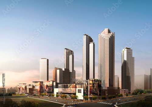 skyscrapers in the city, 3d rendering of the modern high-rise buidings in the city photo