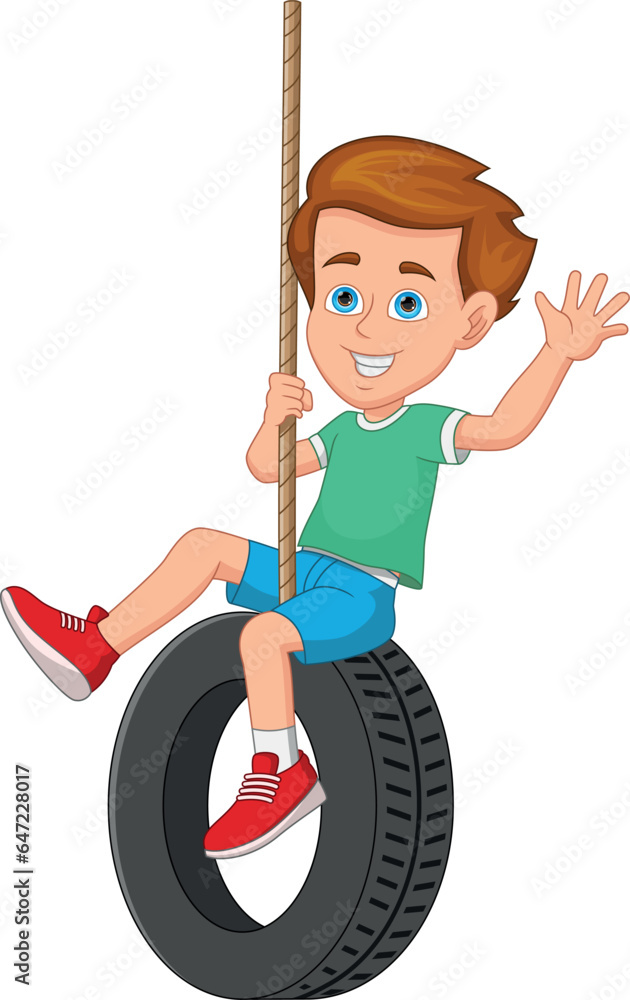 Little boy playing on a tire swing cartoon Little boy playing on a tire swing cartoon