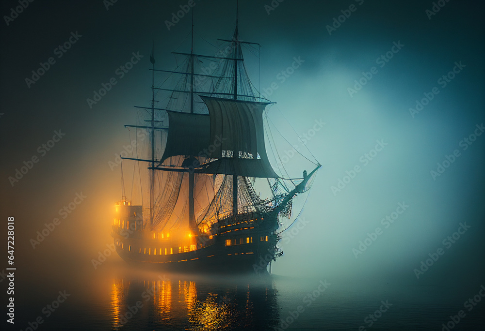 Obraz premium The ship is standing in the fog. AI Generated