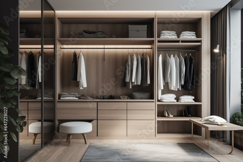 Contemporary dressing room and wardrobe, featuring a modern interior scene and a mockup. Generative AI © Artur