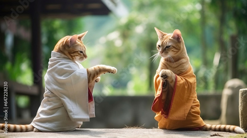 Cats in kashaya Buddhists meditate, the background is a temple. Concept mental health. AI generated. photo