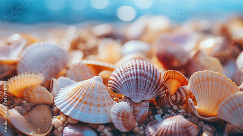 Close-up of bunch of various colorful shells on seashore in sand against backdrop of sea on sunny summer day