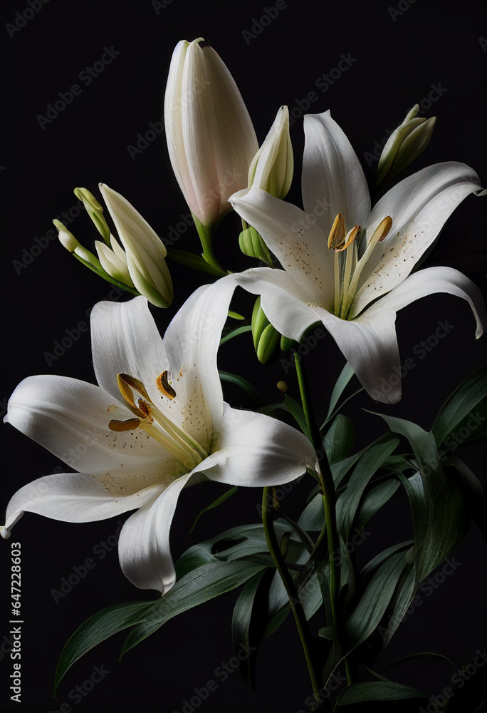 Naklejka premium Several white lily flowers on a black background. AI Generated