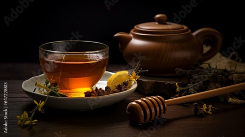A filled tea cup in the foreground is surrounded by a teabag, teaspoon and some ingredients' like anise, dried orange and cinnamon sticks. On background is another tea cup and a honey jar with honey d