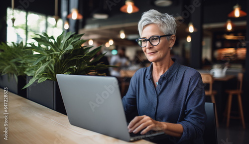 Elderly Lady  old granny  Wearing Glasses  Works on Laptop in a Cafe Setting  Senior Adult Engaged with Computer