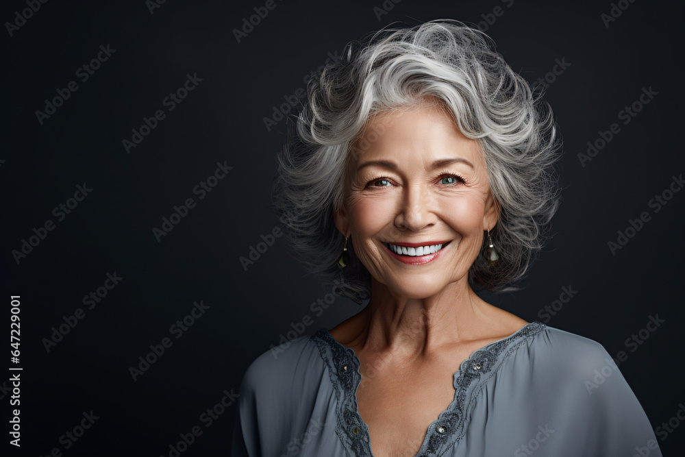 Graceful Older Woman Smiling Against a Gray Background with Bold Elegance, Distinctive Facial Features, and Sterling Silver Highlights Graceful Older Woman Smiling Against a Gray Background with Bold Elegance, Distinctive Facial Features, and Sterling Silver Highlights