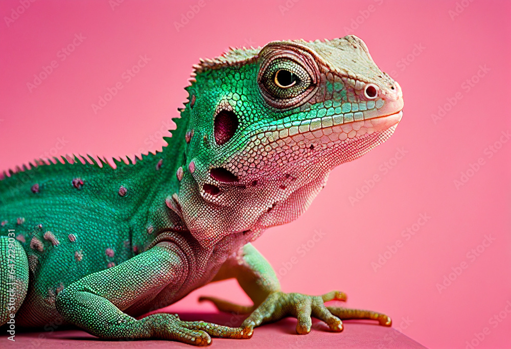 Obraz premium Portrait of a funny chameleon under studio pink lighting. AI Generated