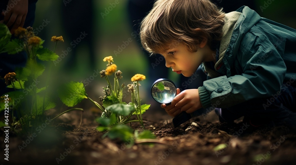 A child observing buds with a magnifying glass A child observing buds with a magnifying glass