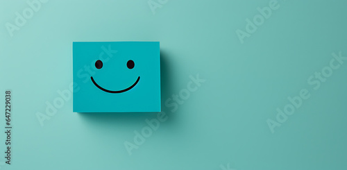 Joyful Note Paper with Space for Announcements - Banner-Style, Smiling Teal Sticker on Teal Background, Minimal Retouching, Minimalist Still Life, Installation Art, Striking Contrast