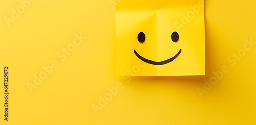 Joyful Note Paper with Space for Announcements - Banner-Style, Smiling Yellow Sticker on Yellow Background, Minimal Retouching, Minimalist Still Life, Installation Art, Striking Contrast