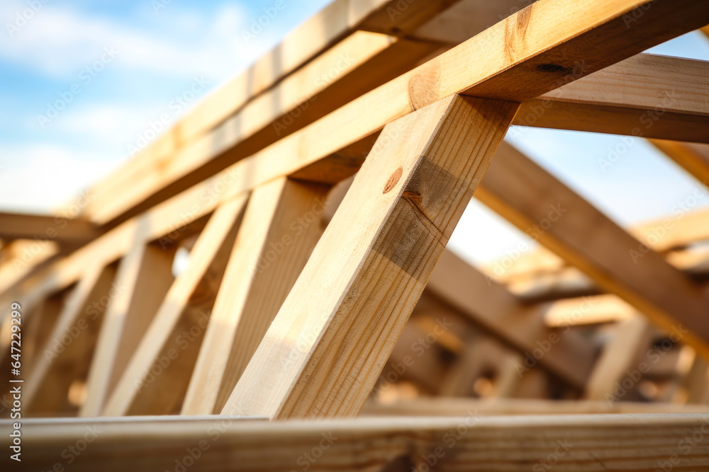 Detail of wooden frame of the prefabricated structure, view towards the sky Detail of wooden frame of the prefabricated structure, view towards the sky