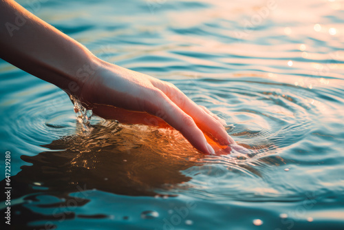 Closeup of a woman's hand touching the lake water, causing ripples. A concepts of cleansing, nature, environment and sustainability © MVProductions