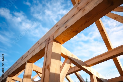 Detail of wooden frame of the prefabricated structure  view towards the sky