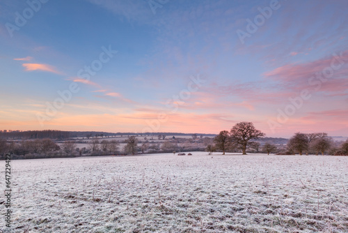 Frost and winter sunrise near Charlbury, Oxfordshire, UK.
