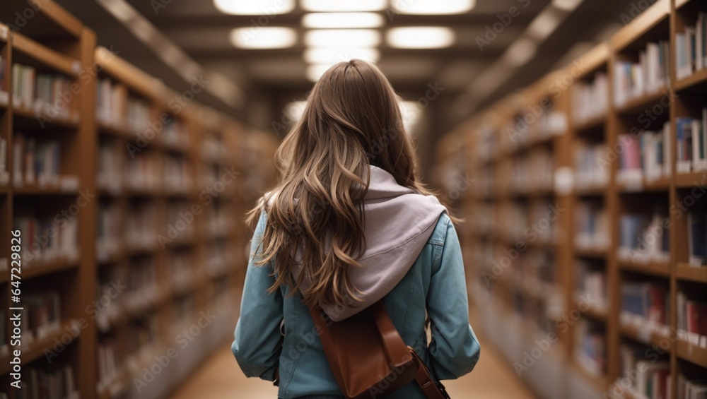 Back view of a girl standing in a library 