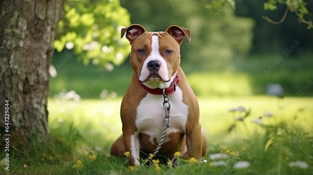 Adorable red and white old senior American Staffordshire Terrier dog with cropped ears and a chain collar posing outdoors sitting on a green grass under the oak tree branch in summer