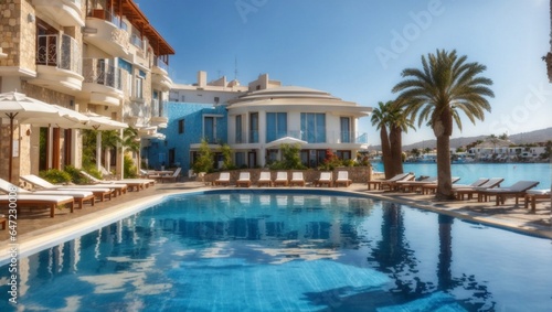 Swimming pool in morning at mediterranean summer resort hotel in turkey reflection in water
