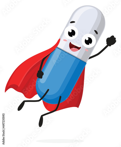 Happy capsule pill cartoon character superhero flying, isolated on white background