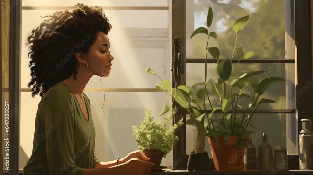 A side view of a pensive African-American female standing near the window and enjoying taking care of her plant. A side view of a pensive African-American female standing near the window and enjoying taking care of her plant.