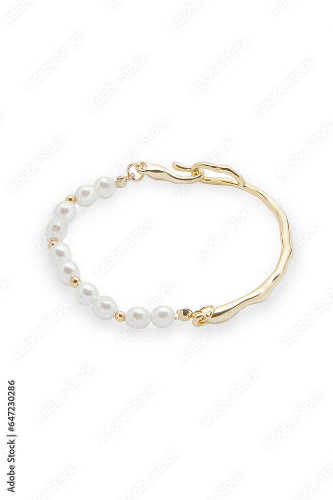 Close-up shot of a young European woman wearing a stylish bracelet decorated with pearl beads on a green background. A bracelet with pearls is on a woman's hand. Front view. Close-up shot of a young European woman wearing a stylish bracelet decorated with pearl beads on a green background. A bracelet with pearls is on a woman's hand. Front view.