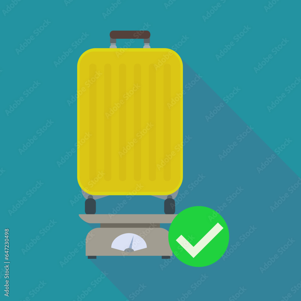 Yellow wheeled suitcase on a weighing scale with a green check on a blue background with shadow in a flat design style indicating baggage accepted without extra charge Yellow wheeled suitcase on a weighing scale with a green check on a blue background with shadow in a flat design style indicating baggage accepted without extra charge