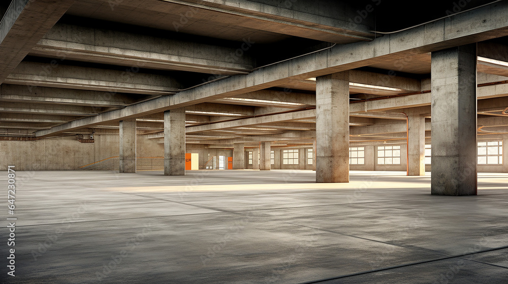 Empty parking lot concrete interior. 3D rendering parking lot design. Generative AI