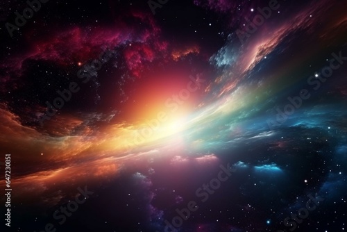 Abstract space wallpaper of stars and material falling into a black hole with nebula over colorful stars and cloud fields in outer space. Generative AI