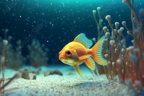 A goldfish hides among seaweed in the deep ocean, with caustics in the sand. 3D illustration of game location in the underwater world. Generative AI