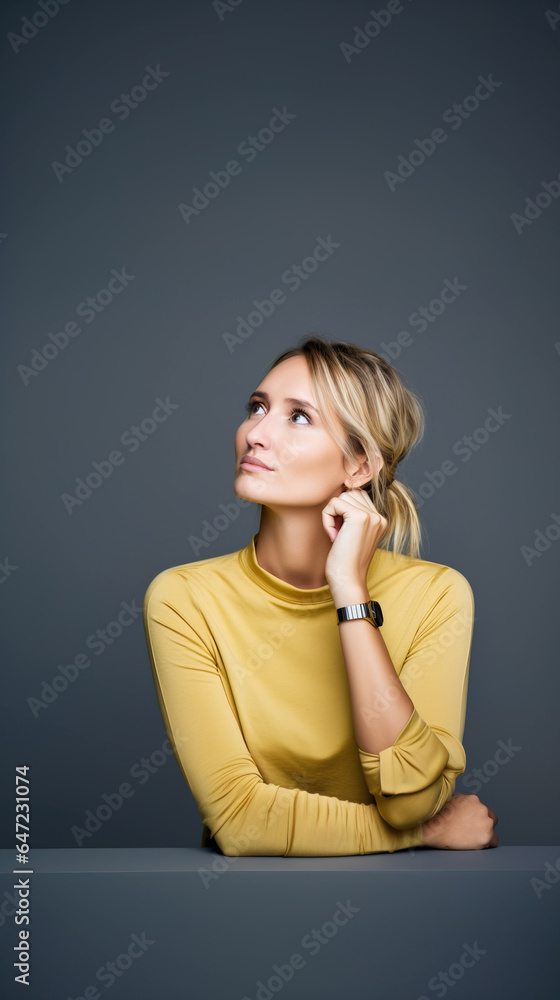 Studio photo of woman thinking about an idea Studio photo of woman thinking about an idea
