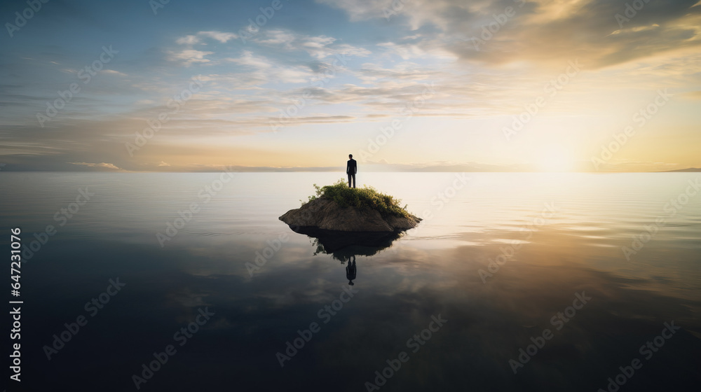 shipwrecked Silhouette of business man stranded on minuscular island in the middle of the ocean - obrazy, fototapety, plakaty 