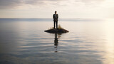 Standing alone concept with sad businessman standing alone on tiny island in the middle of the ocean