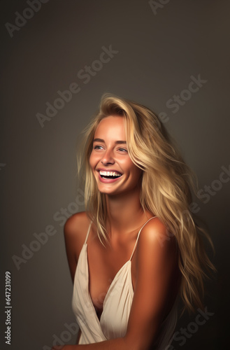 Extremely happy stunning blonde woman in dress with deep v neck