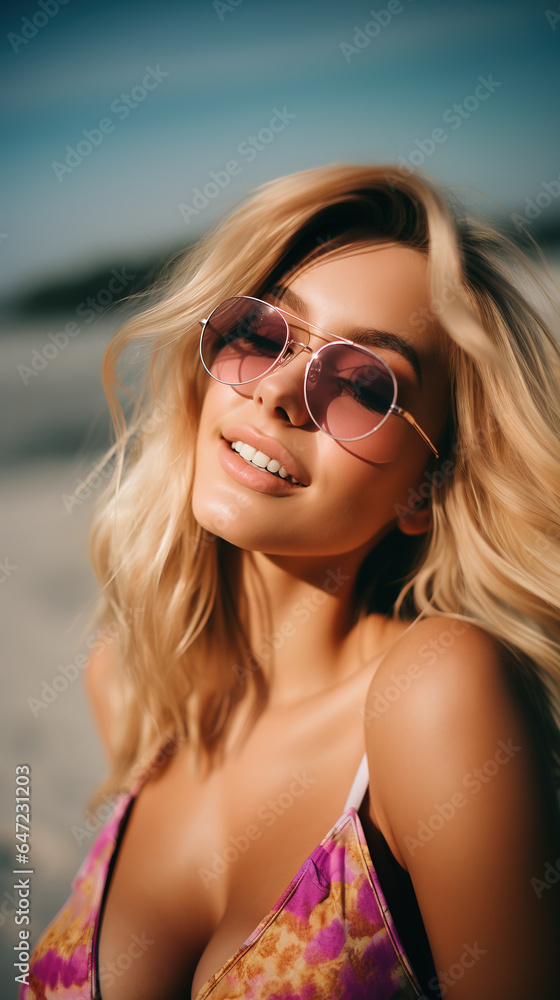 Portrait of an extremely attractive blonde woman on the beach wearing swimwear and sunglasses Portrait of an extremely attractive blonde woman on the beach wearing swimwear and sunglasses