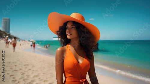 Portrait of beautiful black woman wearing large braided hat on the beach