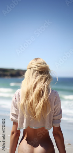 Behind view of bottomless blonde woman standing on sunny beach