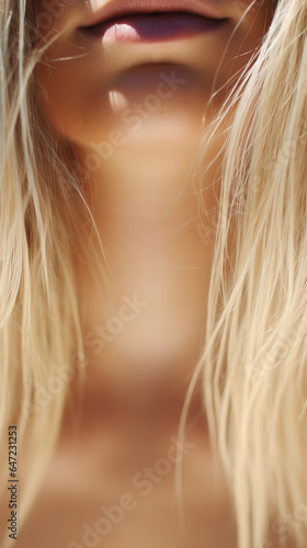 Close-up unrecognizable portrait of blonde woman lips and neck in sunlight
