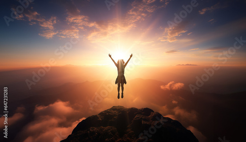 Extremely happy woman jumping up in the air in front of majestic sunset up on the mountain top