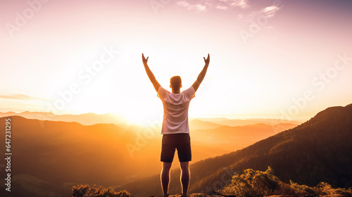 Man standing with arms raised towards the sky in front of majestic sunset