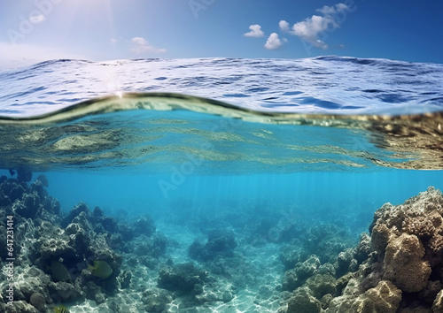 Split between underwater ocean and blue sunny sky.Macro.AI Generative