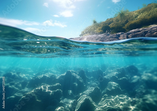 Underwater split between blue ocean water and exotic island.Macro.AI Generative