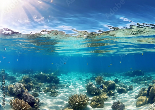 Underwater split between blue ocean and blue sunny sky.Macro.AI Generative